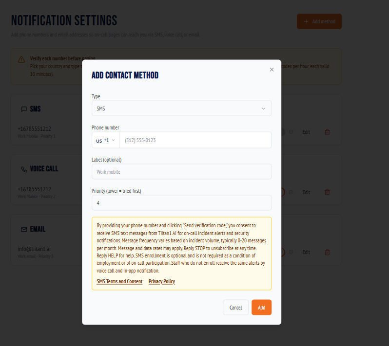Add contact method dialog in the Tiitan1 AI Operations Platform showing the SMS consent language